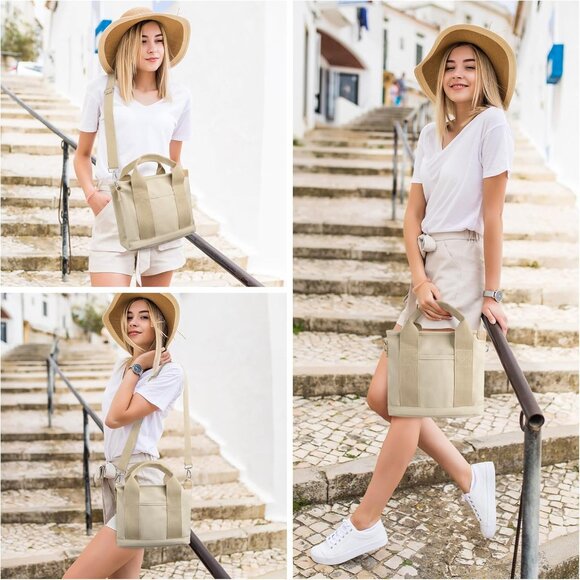 Women's Khaki Canvas Tote Bag With Multi Pockets Mini Shoulder Bags With Zipper - Picture 6 of 6